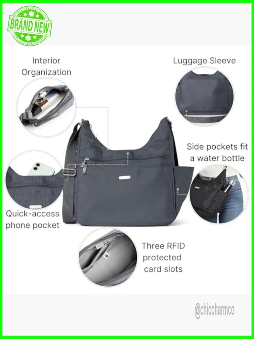 Lightweight Travel Hobo Crossbody Bag with RFID Protection and Luggage Sleeve
